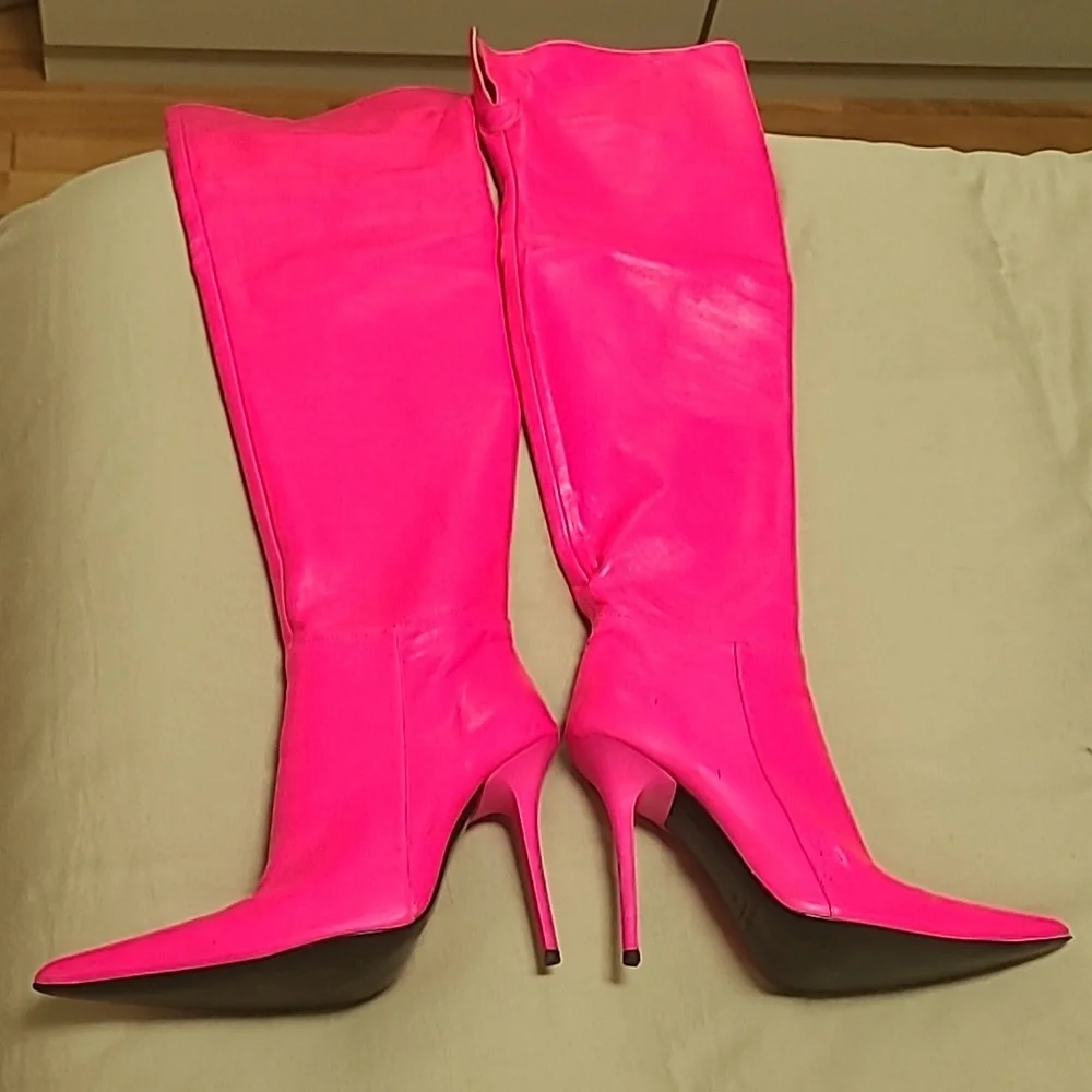 Over The Knee Hot Pink Genuine Leather Stiletto Boots 5-in Heel Read Description - Picture 8 of 17
